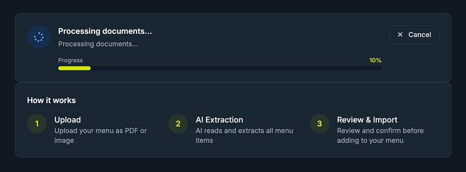 Aperçu visuel de l'extraction de menu PDF par l'IA